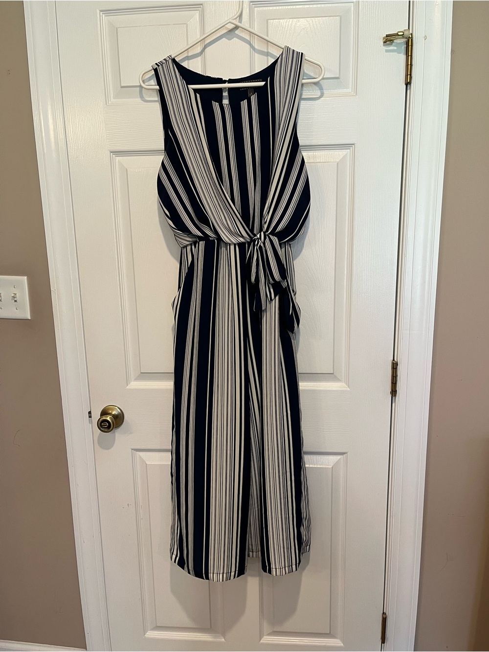 Luxology Navy and White Vertical-Stripe Tie-Front Romper (pants)